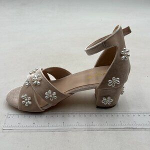 XYD Blush Pearl Flower Ankle-Strap Block Heel Sandals